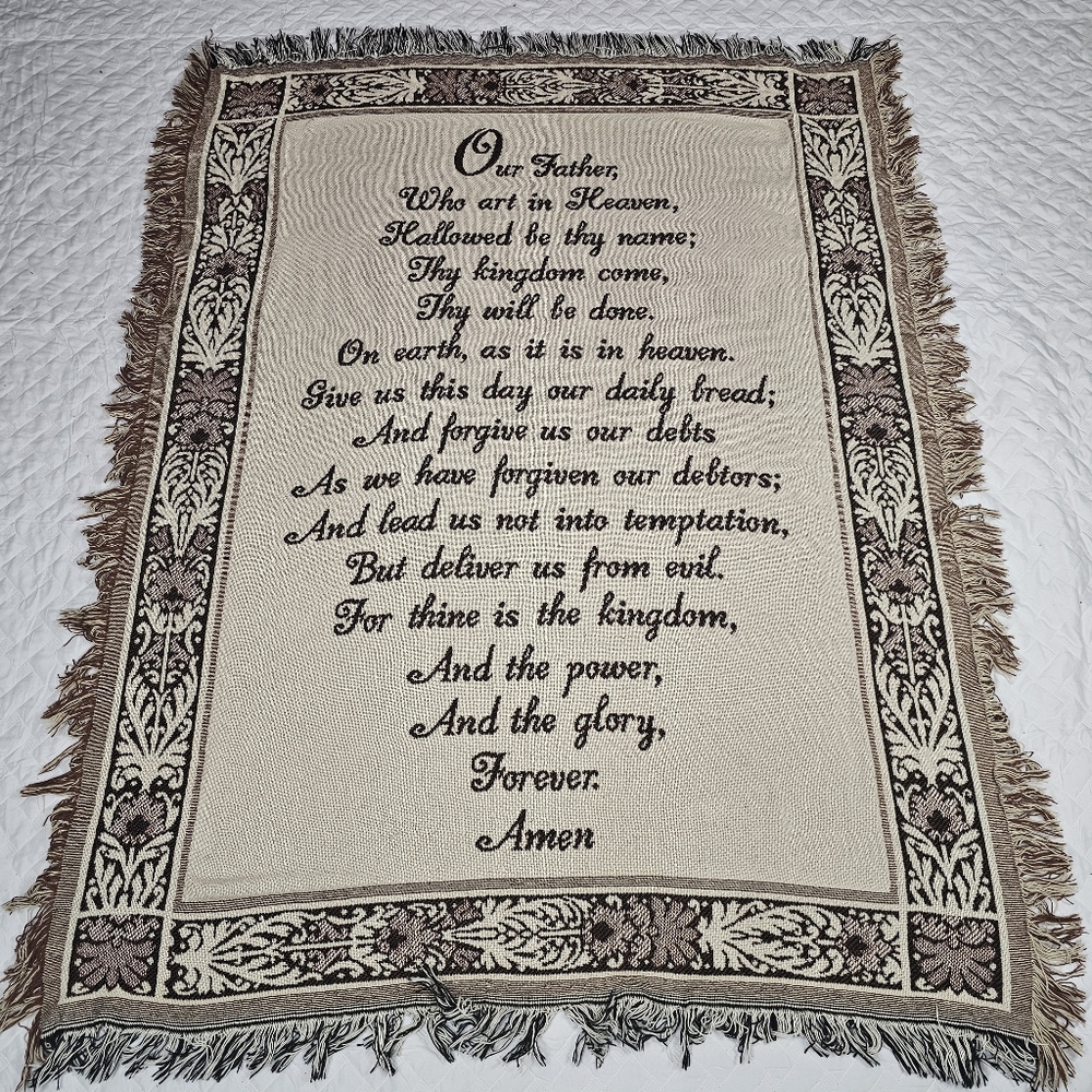Brown "Lord's Prayer" Religious Floral Border Fringed Two-Layer Jacquard Throw